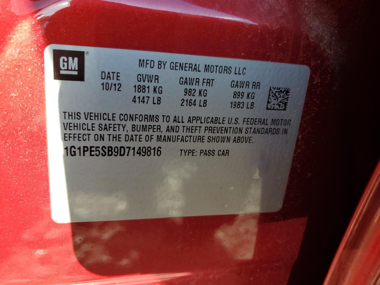 2013 Chevrolet Cruze Lt VIN: 1G1PE5SB9D7149816 Lot: 84815465