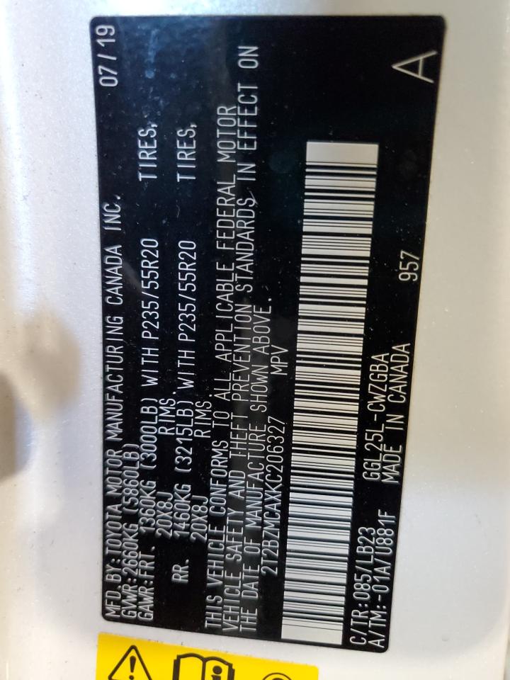 2019 Lexus Rx 350 Base VIN: 2T2BZMCAXKC206327 Lot: 85331995