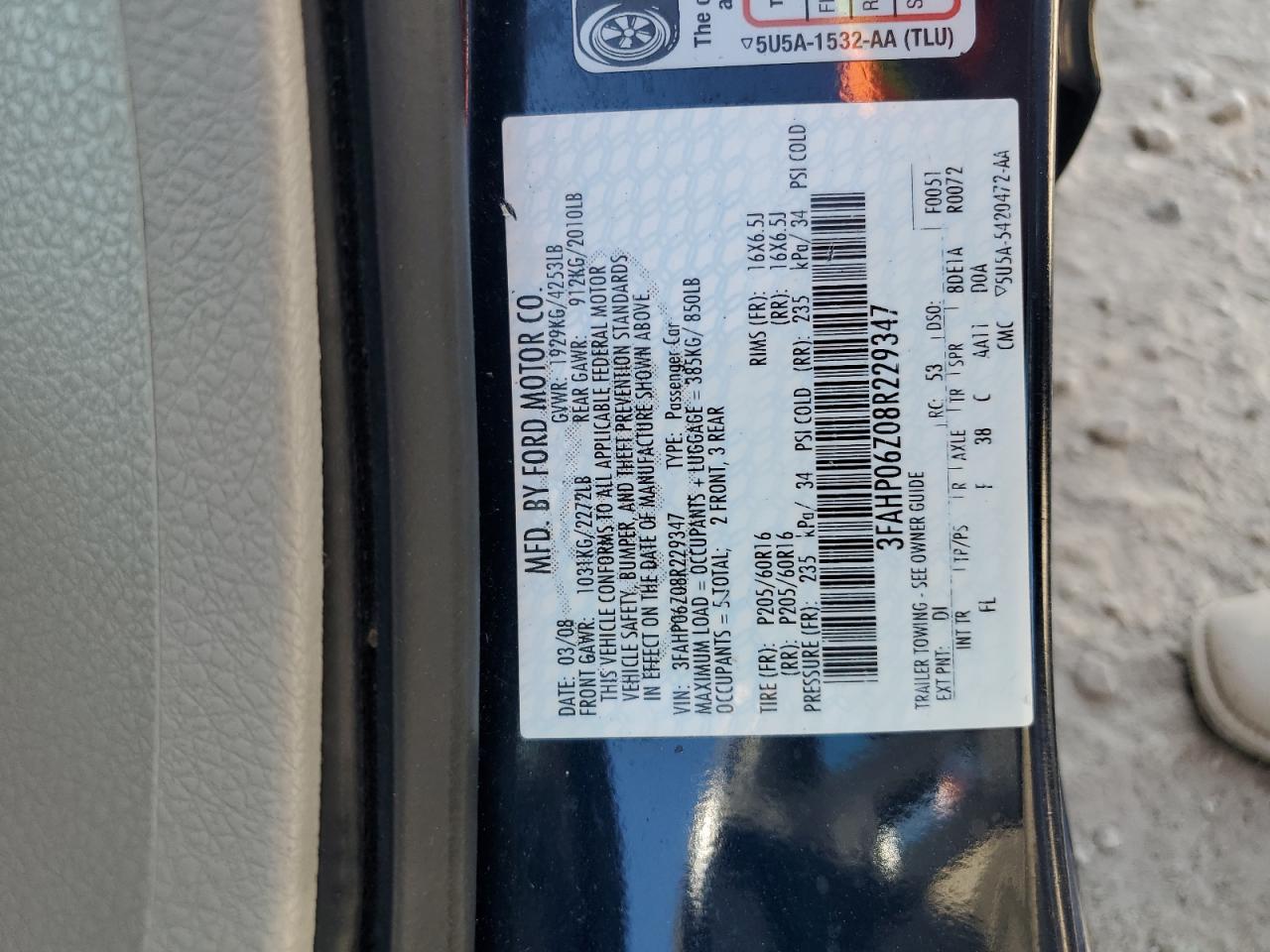 2008 Ford Fusion S VIN: 3FAHP06Z08R229347 Lot: 82324615