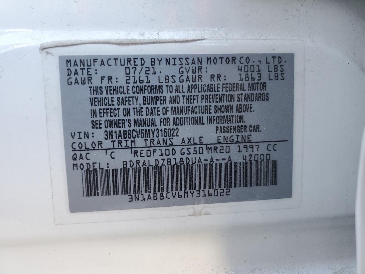 2021 Nissan Sentra Sv VIN: 3N1AB8CV6MY316022 Lot: 85737935