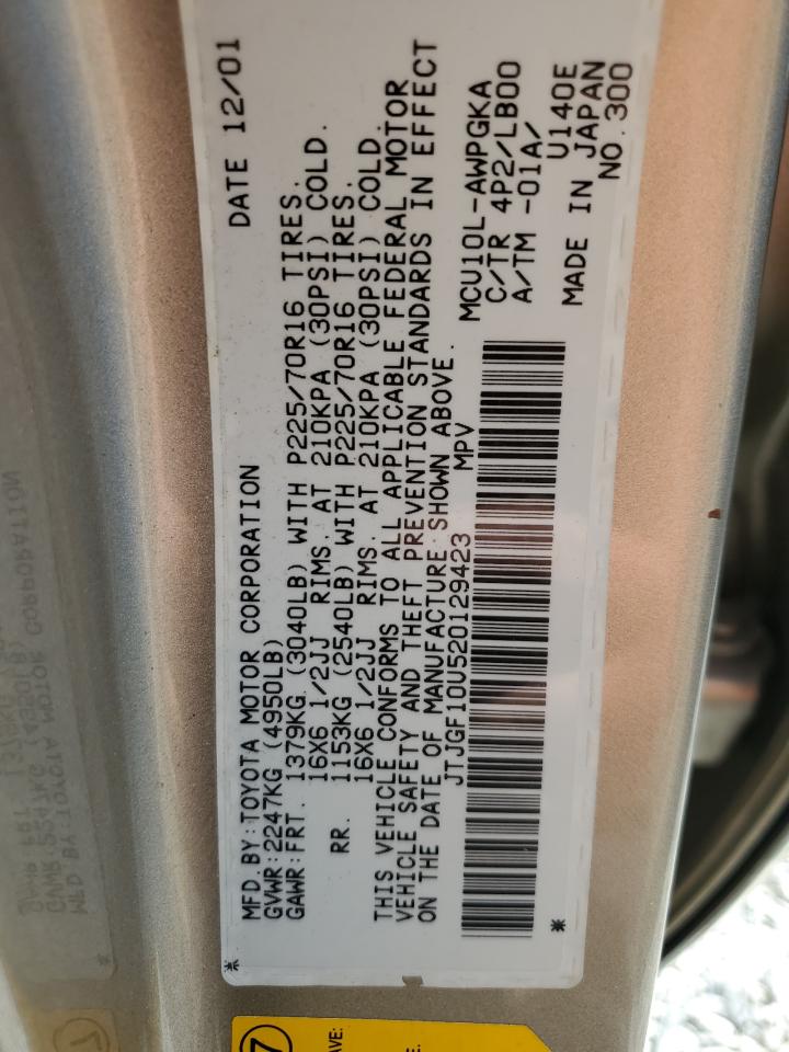 2002 Lexus Rx 300 VIN: JTJGF10U520129423 Lot: 86100505