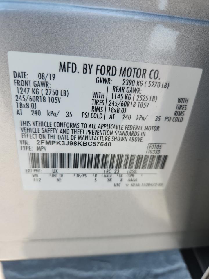 2019 Ford Edge Sel VIN: 2FMPK3J98KBC57640 Lot: 81960215