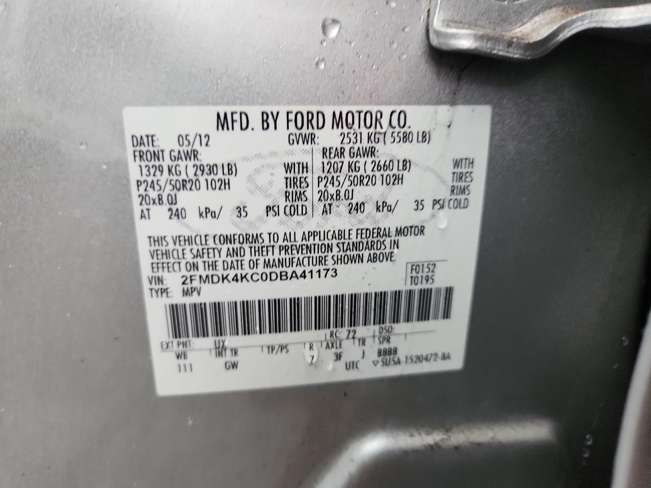 2013 Ford Edge Limited VIN: 2FMDK4KC0DBA41173 Lot: 86100775