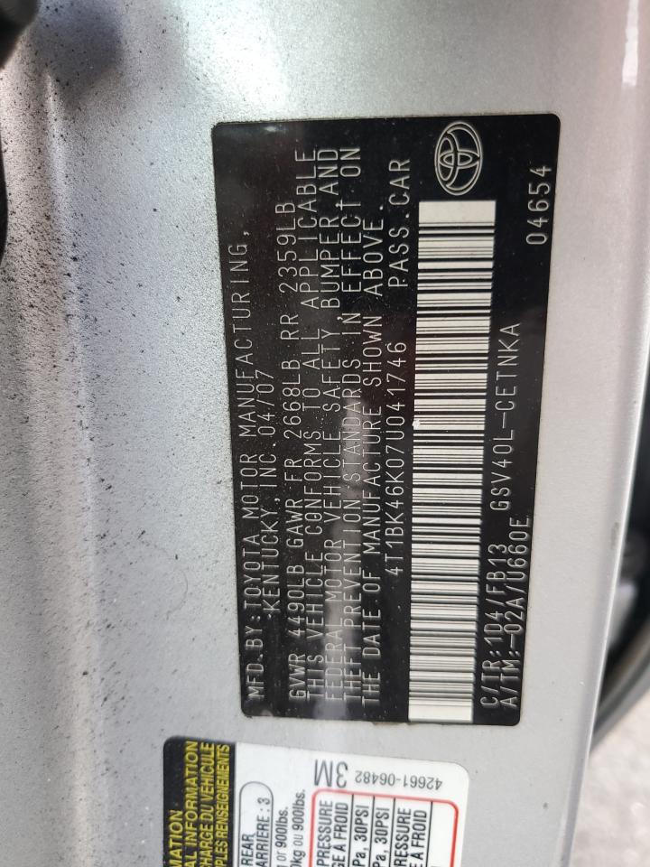 2007 Toyota Camry Le VIN: 4T1BK46K07U041746 Lot: 85742275