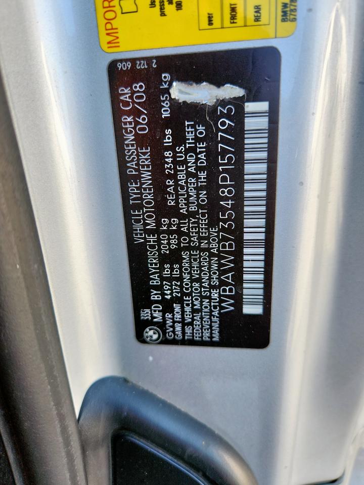 2008 BMW 335 I VIN: WBAWB73548P157793 Lot: 81946435