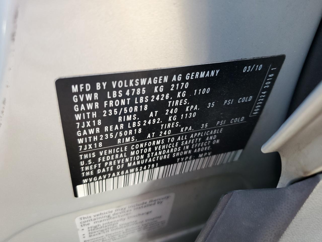 2010 Volkswagen Tiguan S VIN: WVGAV7AX6AW524791 Lot: 85271765