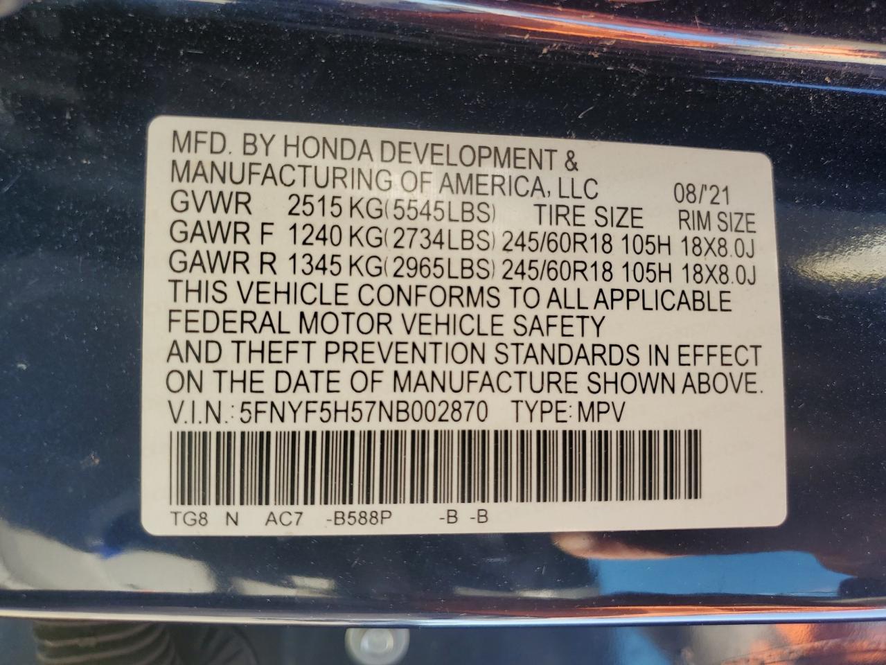 2022 Honda Pilot Exl VIN: 5FNYF5H57NB002870 Lot: 82196465
