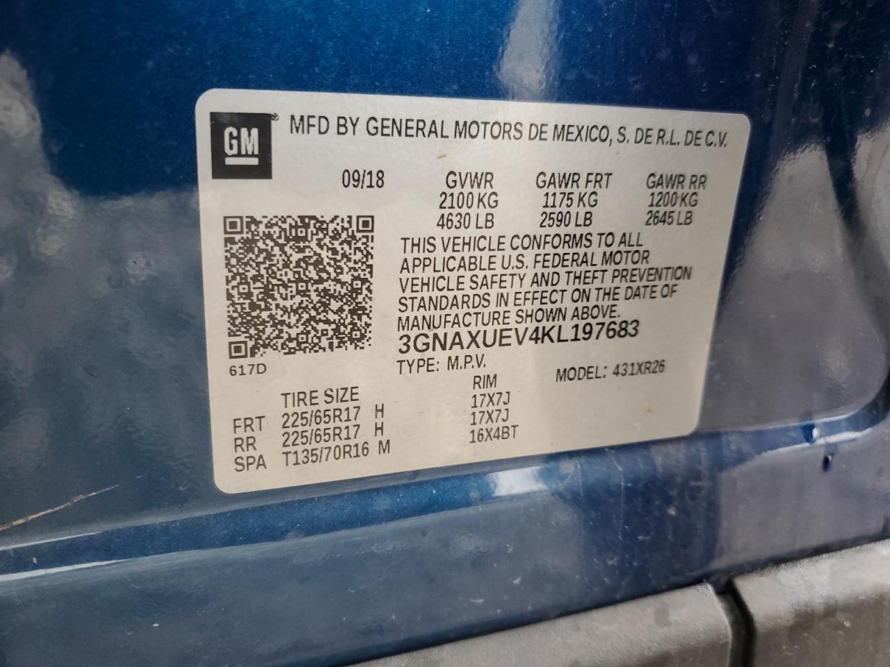 2019 Chevrolet Equinox Lt VIN: 3GNAXUEV4KL197683 Lot: 82227615