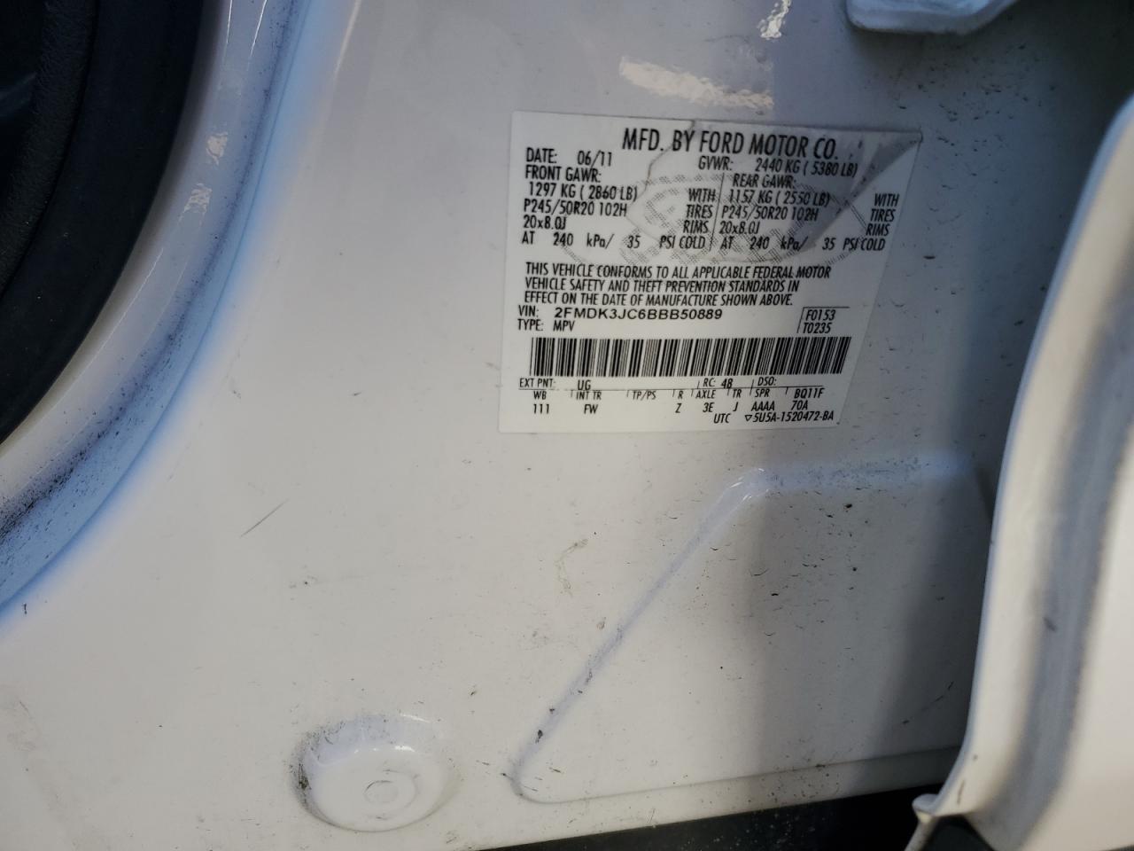 2011 Ford Edge Sel VIN: 2FMDK3JC6BBB50889 Lot: 82254755