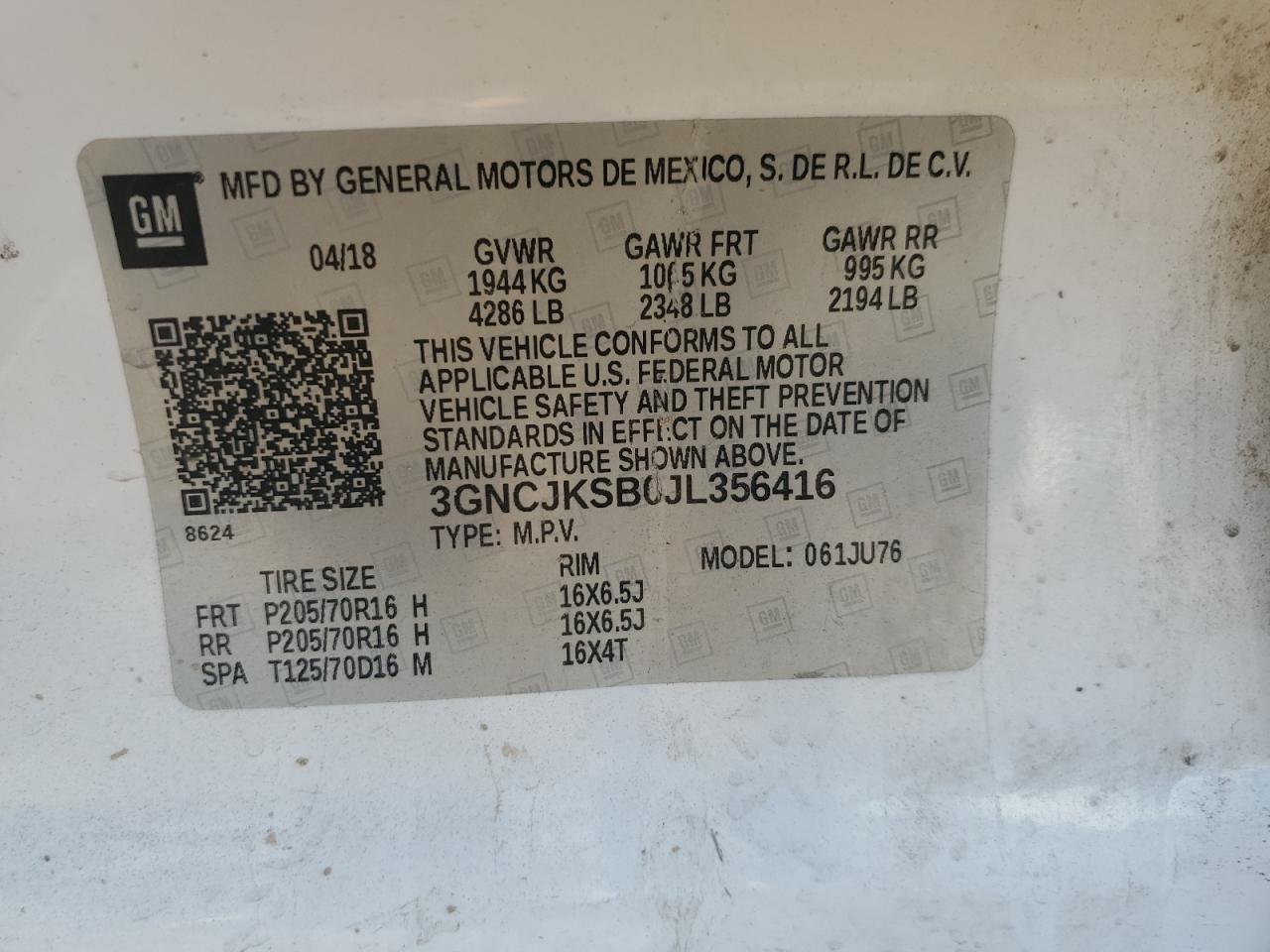 2018 Chevrolet Trax Ls VIN: 3GNCJKSB0JL356416 Lot: 86832645