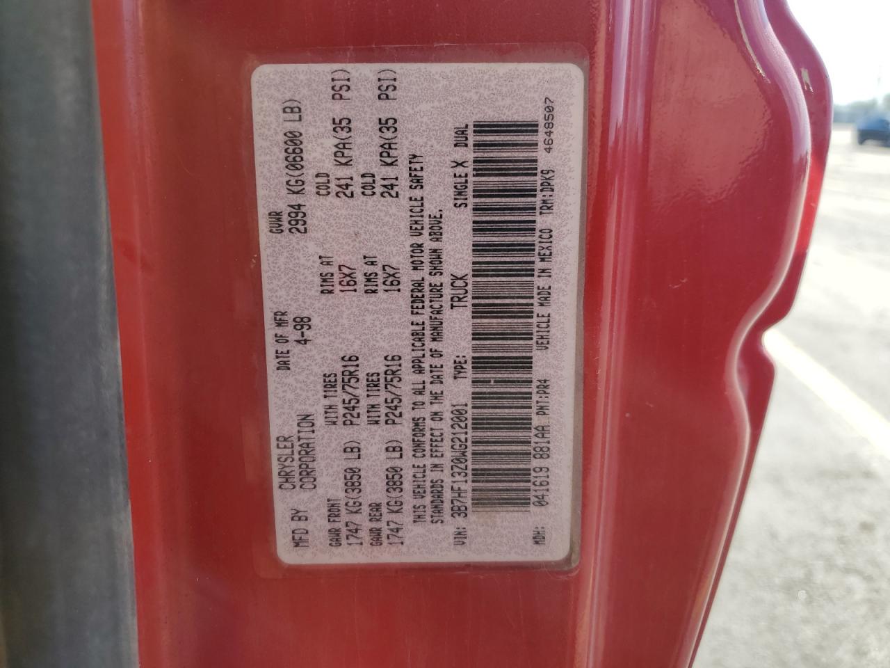 1998 Dodge Ram 1500 VIN: 3B7HF13Z0WG212001 Lot: 85502825