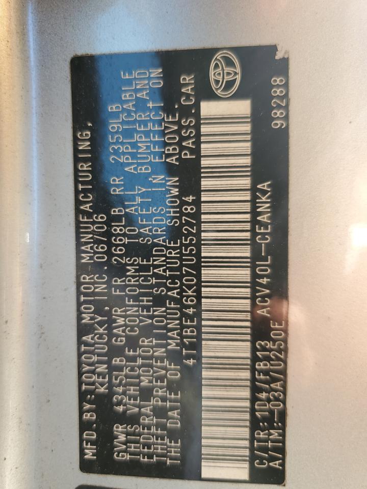 2007 Toyota Camry Ce VIN: 4T1BE46K07U552784 Lot: 85090655