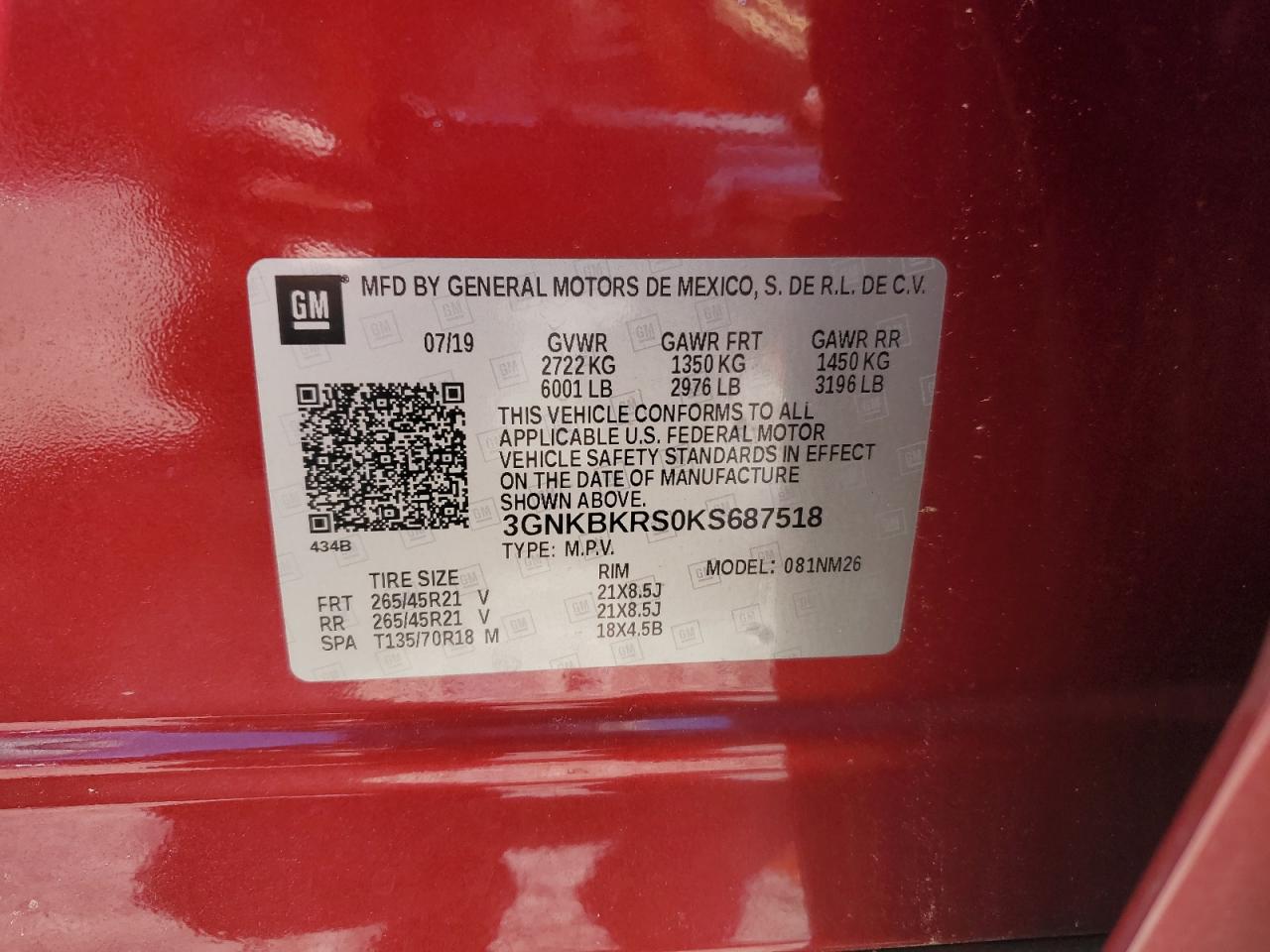 2019 Chevrolet Blazer Premier VIN: 3GNKBKRS0KS687518 Lot: 86997975