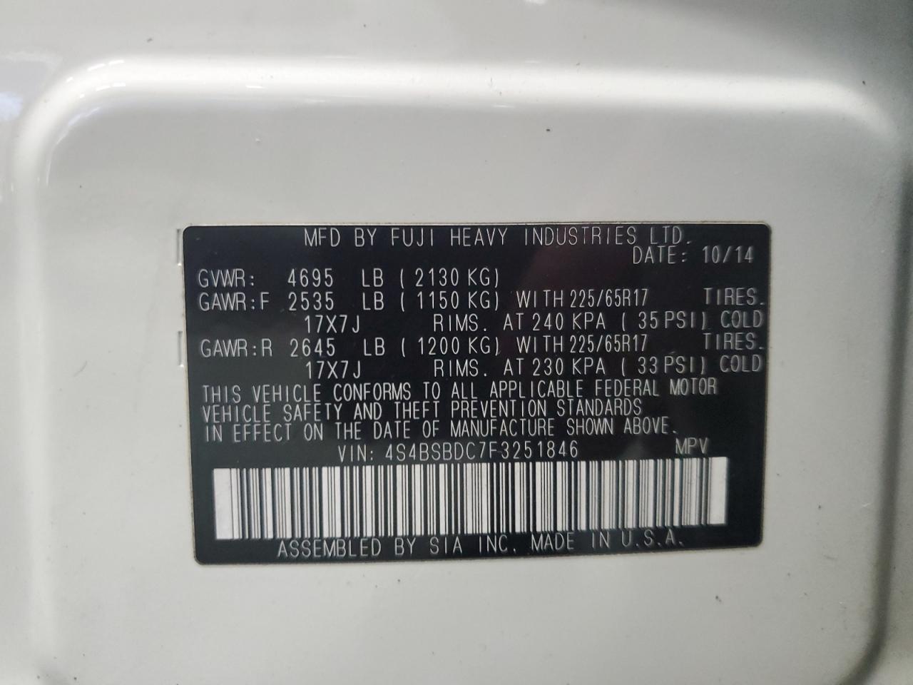 2015 Subaru Outback 2.5I Premium VIN: 4S4BSBDC7F3251846 Lot: 85129755