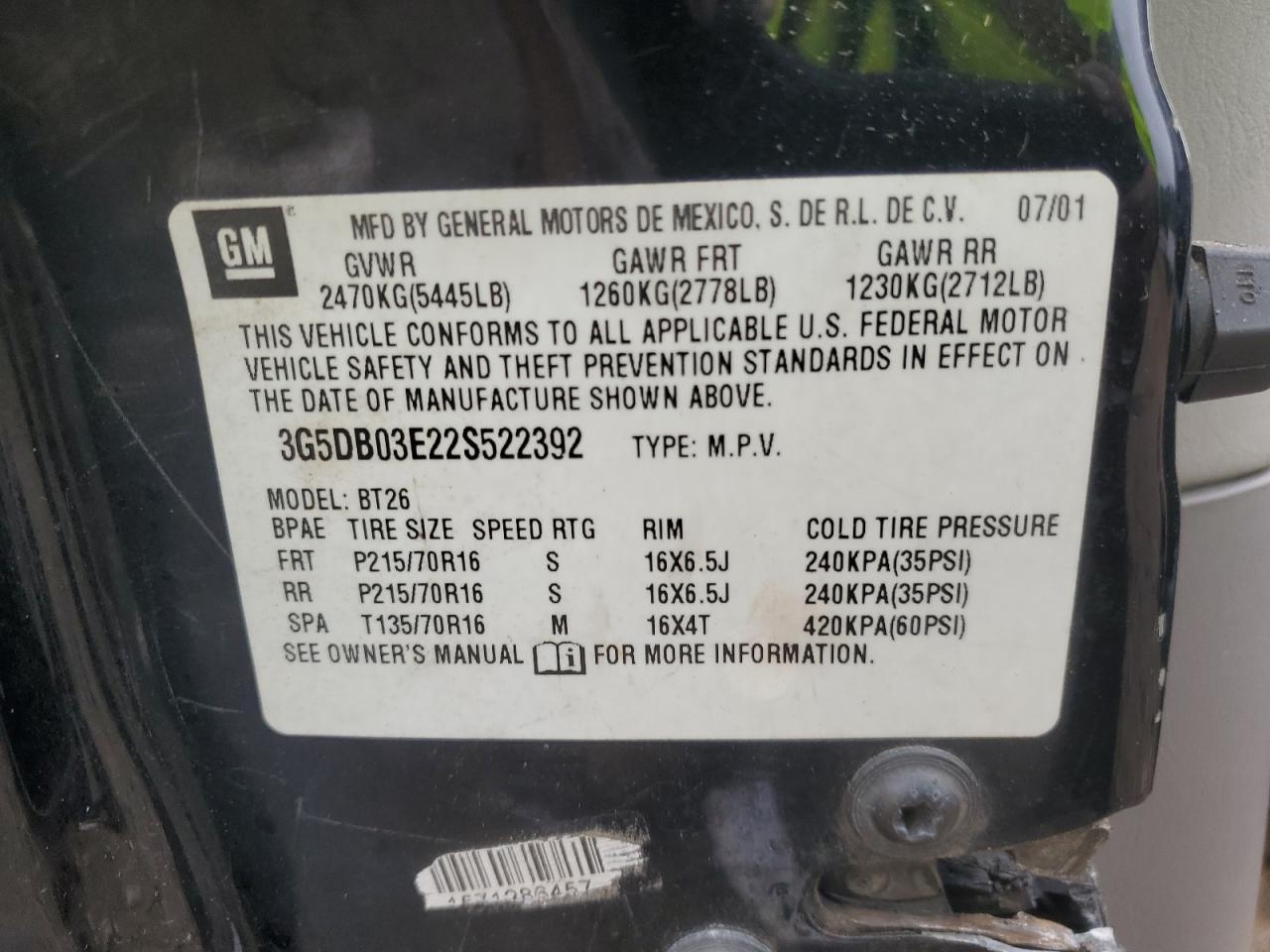 2002 Buick Rendezvous Cx VIN: 3G5DB03E22S522392 Lot: 90440925