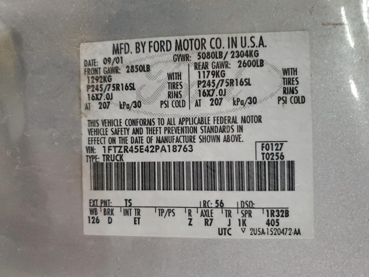 2002 Ford Ranger Super Cab VIN: 1FTZR45E42PA18763 Lot: 90391895