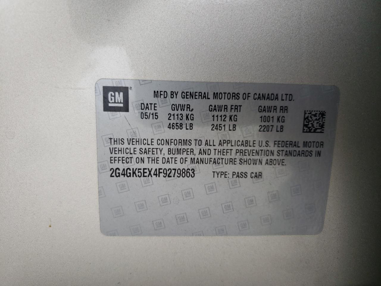 2015 Buick Regal VIN: 2G4GK5EX4F9279863 Lot: 86166285