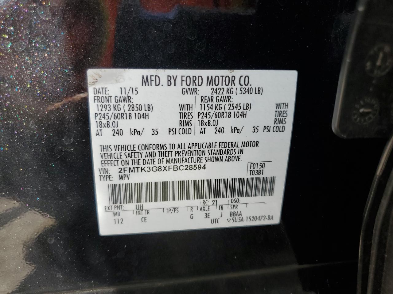 2015 Ford Edge Se VIN: 2FMTK3G8XFBC28594 Lot: 82185515