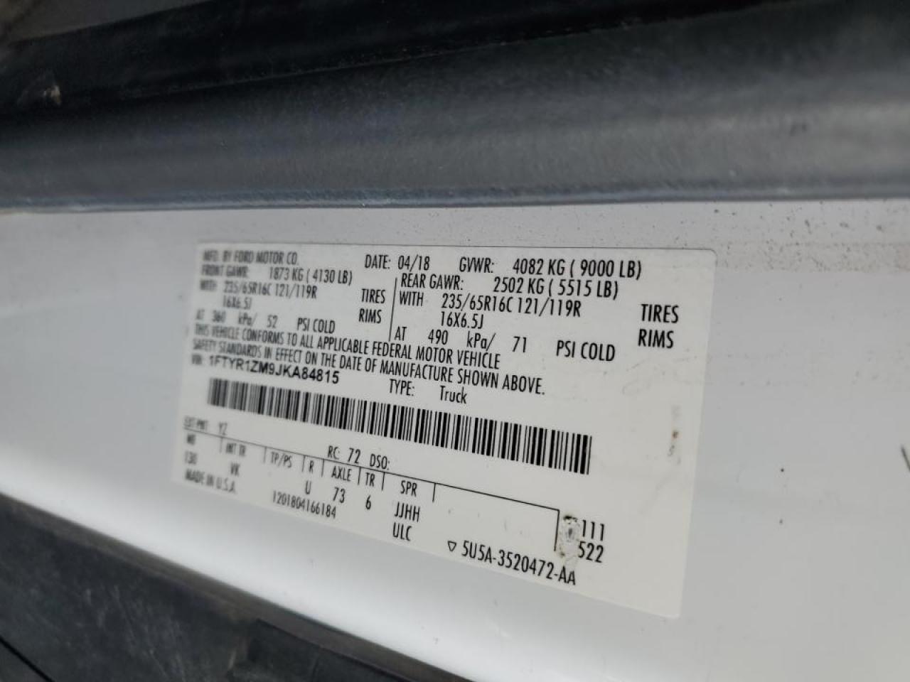 2018 Ford Transit 250 Delivery Van VIN: 1FTYR1ZM9JKA84815 Lot: 84281075