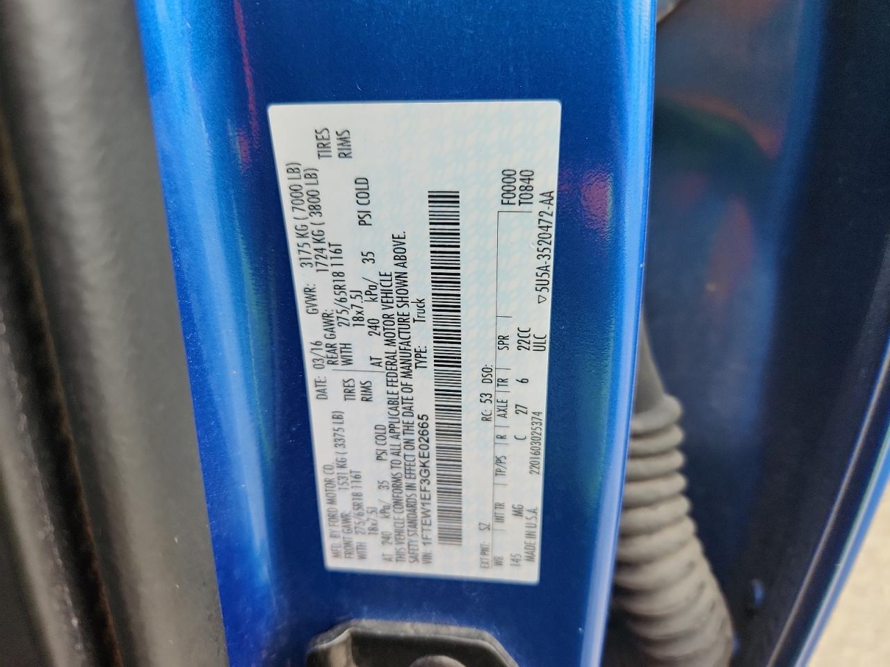 2016 Ford F150 Supercrew VIN: 1FTEW1EF3GKE02665 Lot: 89549525