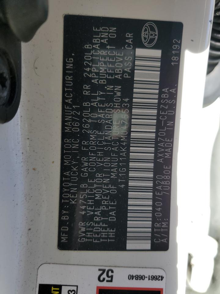 2021 Toyota Camry Se VIN: 4T1G11AK4MU475534 Lot: 85751425