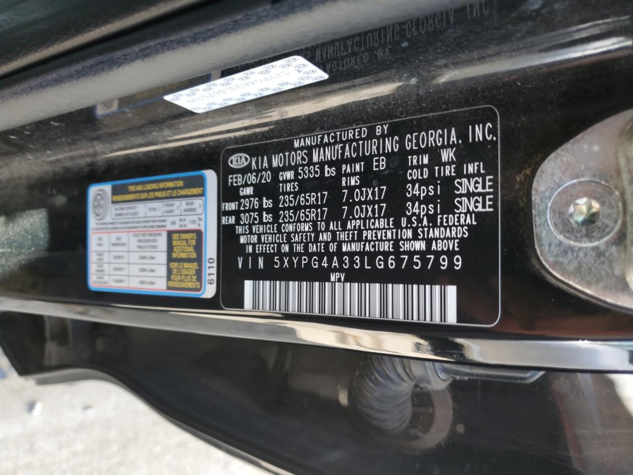 2020 Kia Sorento L VIN: 5XYPG4A33LG675799 Lot: 85147965