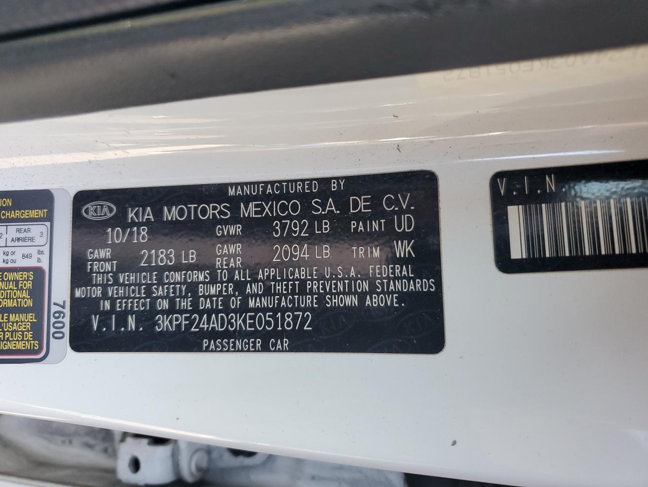 2019 Kia Forte Fe VIN: 3KPF24AD3KE051872 Lot: 86405135