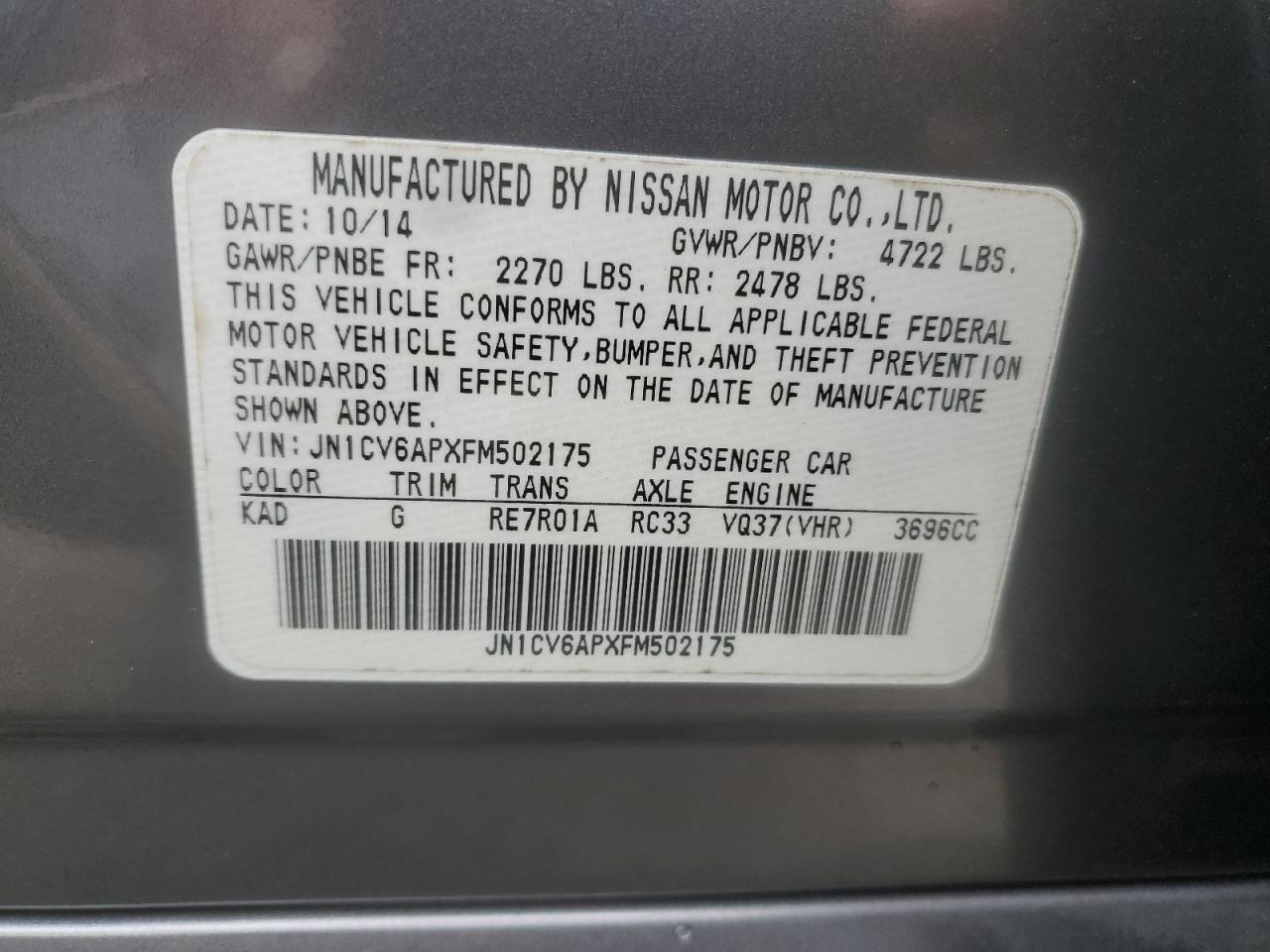 2015 Infiniti Q40 VIN: JN1CV6APXFM502175 Lot: 86526095