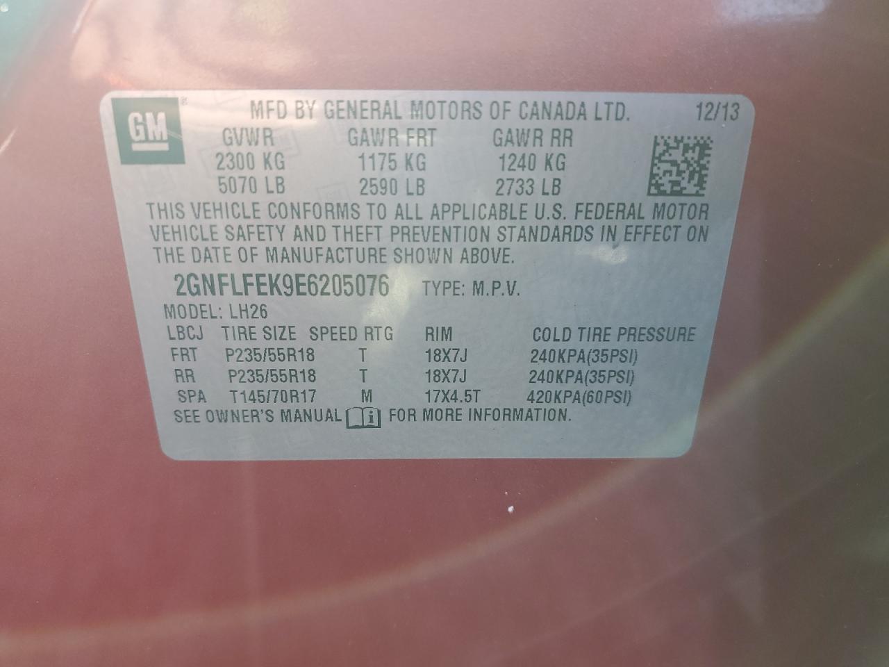 2014 Chevrolet Equinox Lt VIN: 2GNFLFEK9E6205076 Lot: 90471665