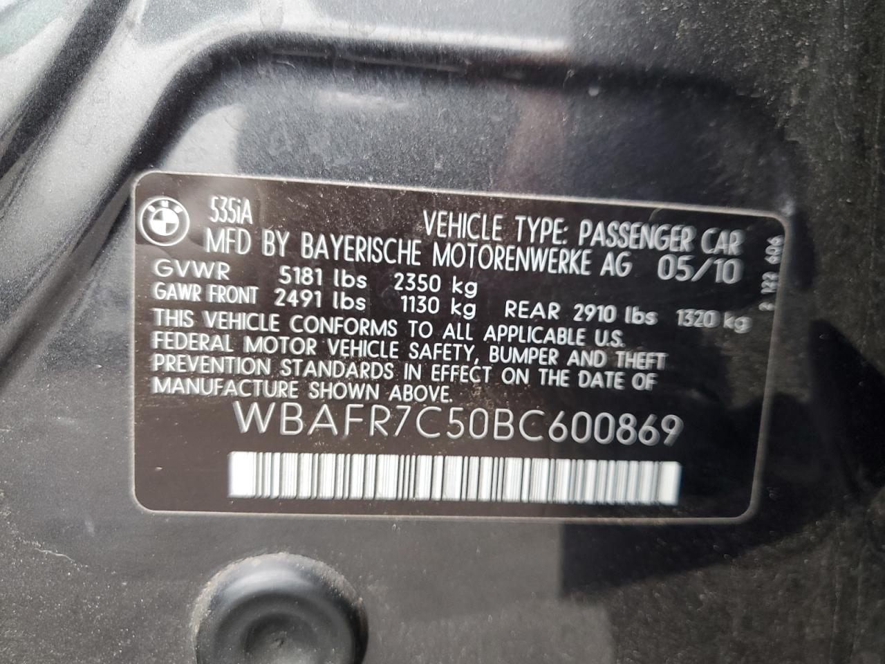 2011 BMW 535 I VIN: WBAFR7C50BC600869 Lot: 90505695