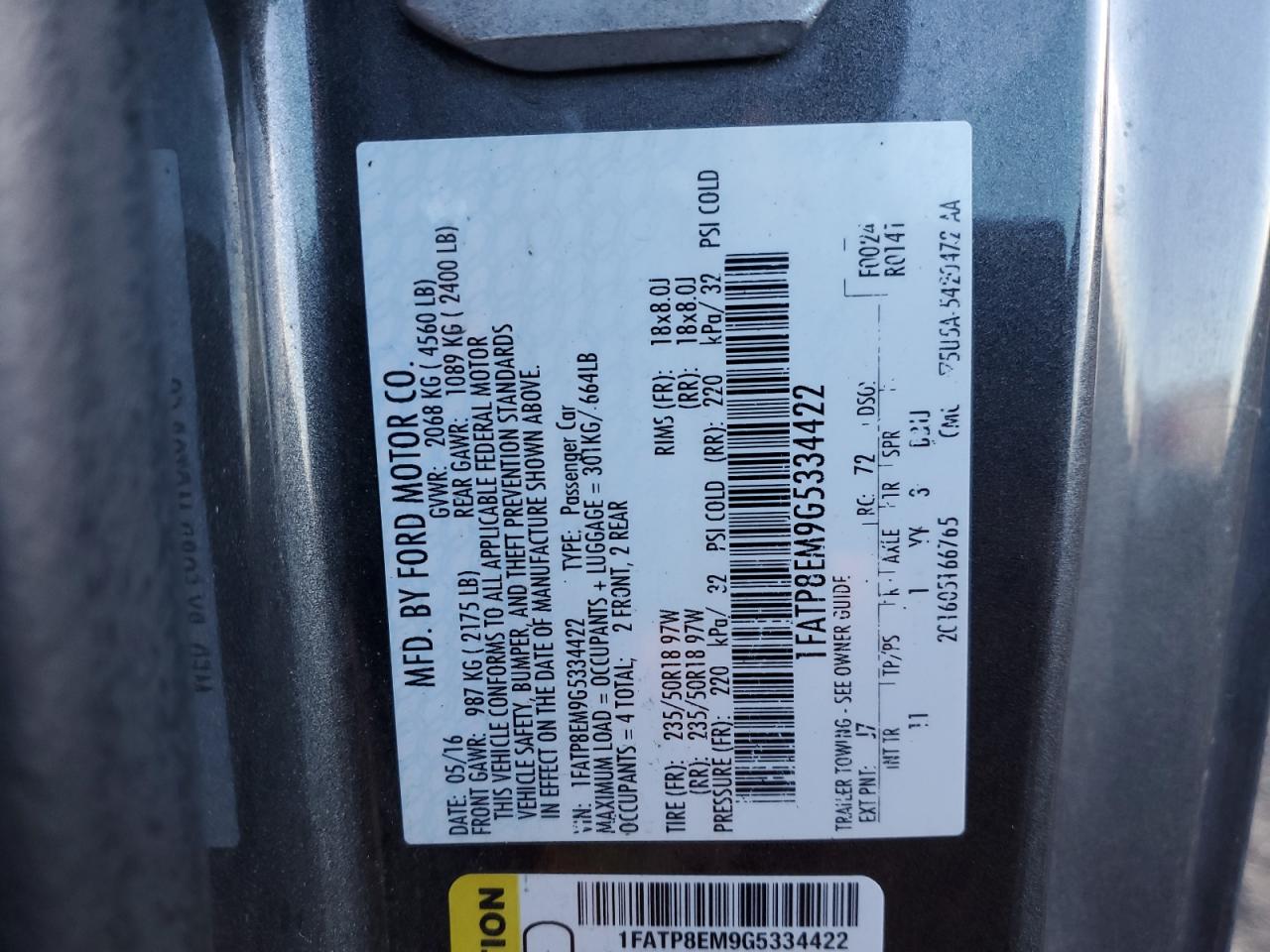 2016 Ford Mustang VIN: 1FATP8EM9G5334422 Lot: 84288015