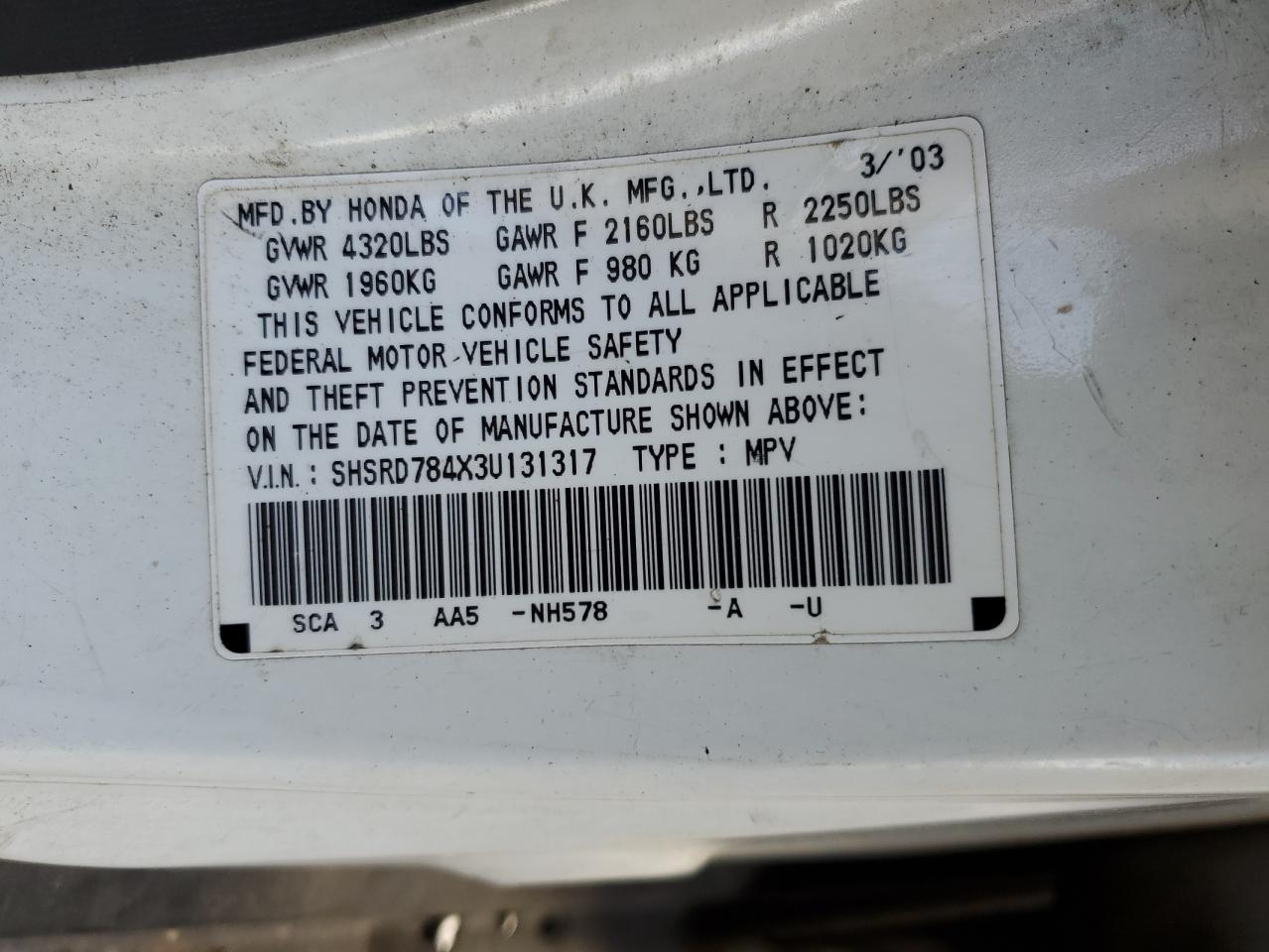 2003 Honda Cr-V Lx VIN: SHSRD784X3U131317 Lot: 86253675