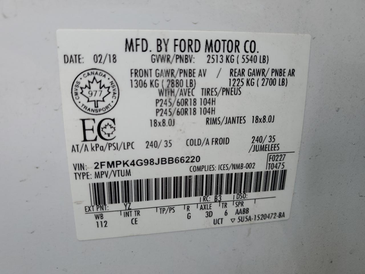 2018 Ford Edge Se VIN: 2FMPK4G98JBB66220 Lot: 86079515