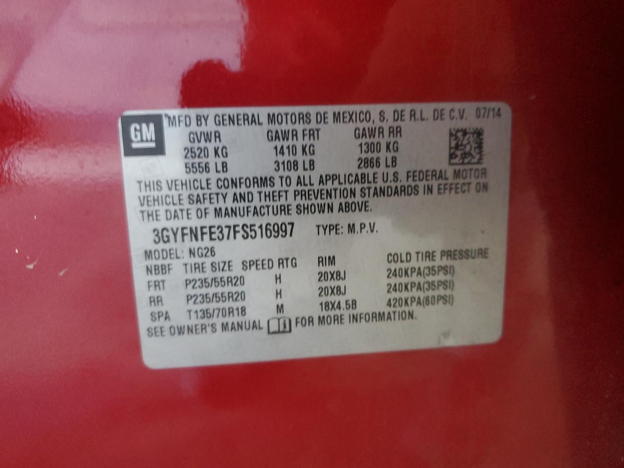 2015 Cadillac Srx Performance Collection VIN: 3GYFNFE37FS516997 Lot: 87461465