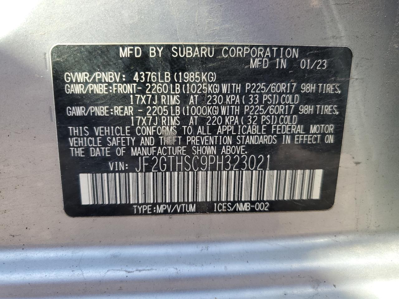 2023 Subaru Crosstrek Sport VIN: JF2GTHSC9PH323021 Lot: 81969455