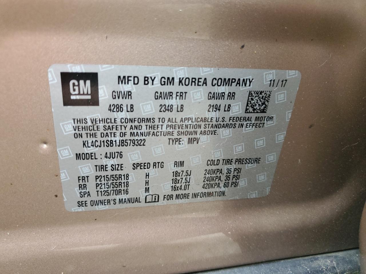 2018 Buick Encore Sport Touring VIN: KL4CJ1SB1JB579322 Lot: 84943635