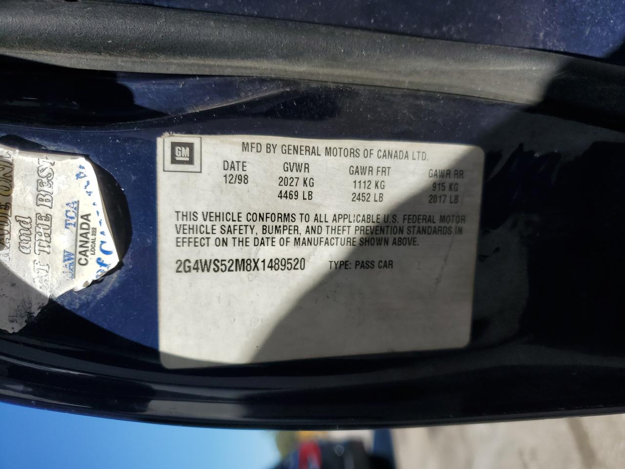 1999 Buick Century Custom VIN: 2G4WS52M8X1489520 Lot: 86520265