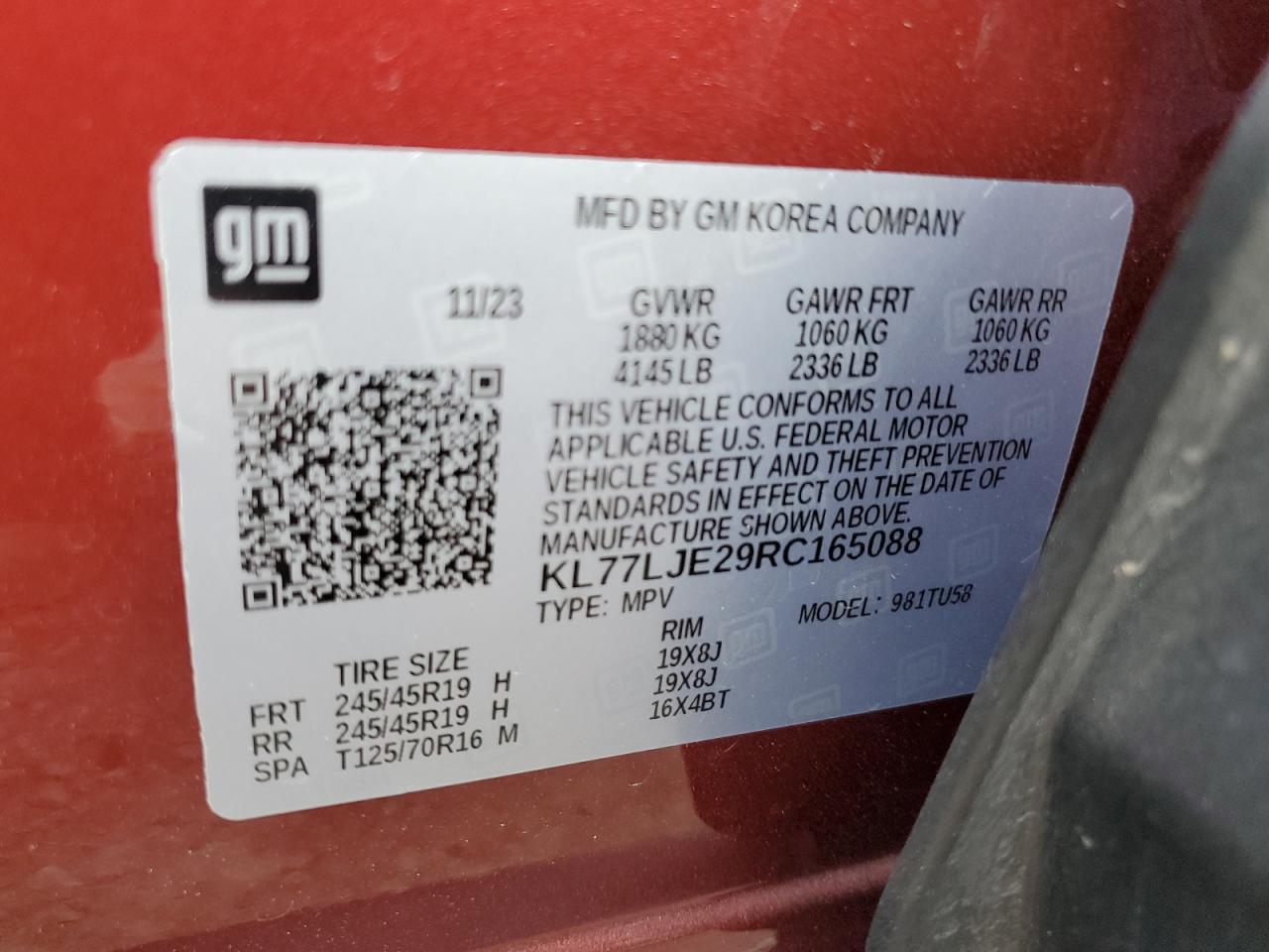 2024 Chevrolet Trax 2Rs VIN: KL77LJE29RC165088 Lot: 82633185