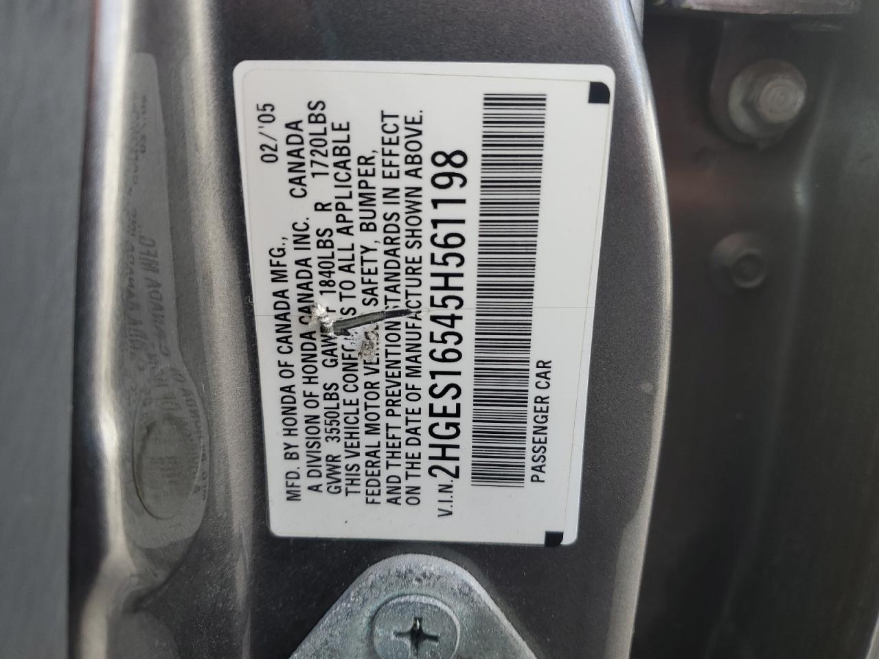 2005 Honda Civic Lx VIN: 2HGES16545H561198 Lot: 85294905