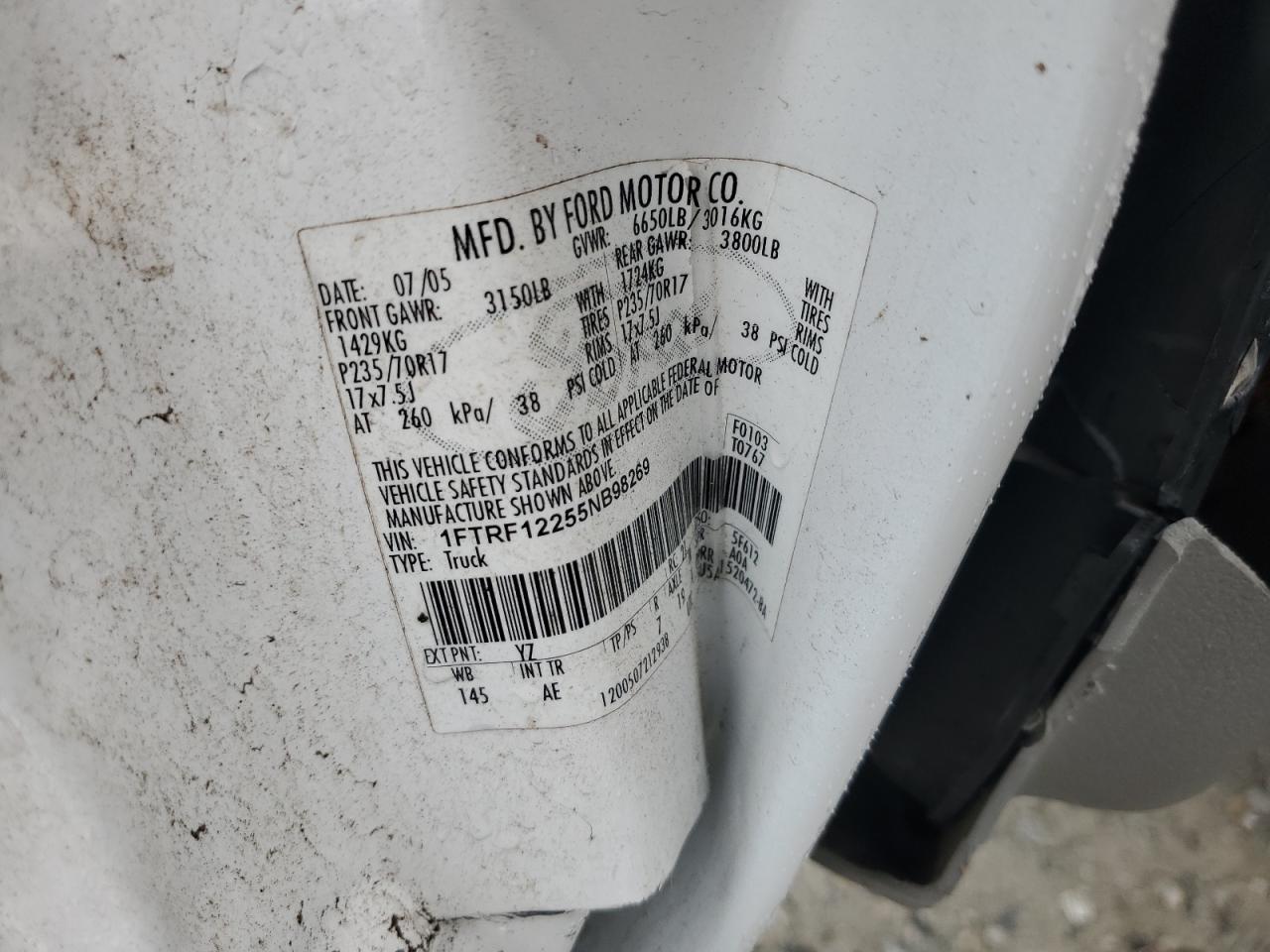 2005 Ford F150 VIN: 1FTRF12255NB98269 Lot: 80885585