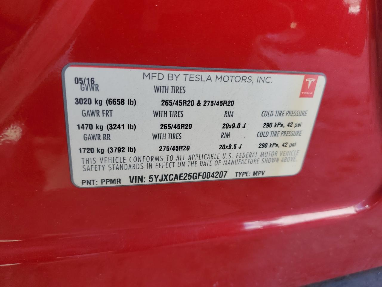 2016 Tesla Model X VIN: 5YJXCAE25GF004207 Lot: 84266585