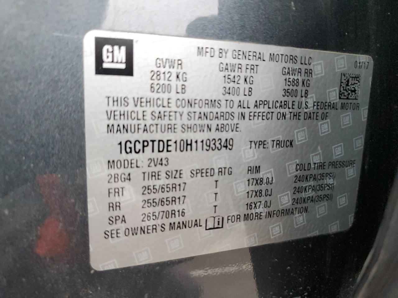 2017 Chevrolet Colorado Z71 VIN: 1GCPTDE10H1193349 Lot: 86134195