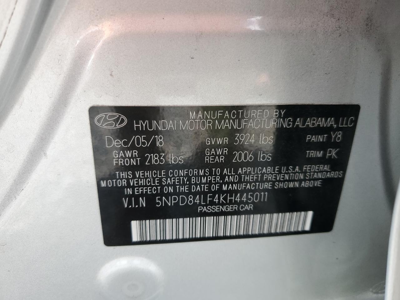 2019 Hyundai Elantra Sel VIN: 5NPD84LF4KH445011 Lot: 85695065