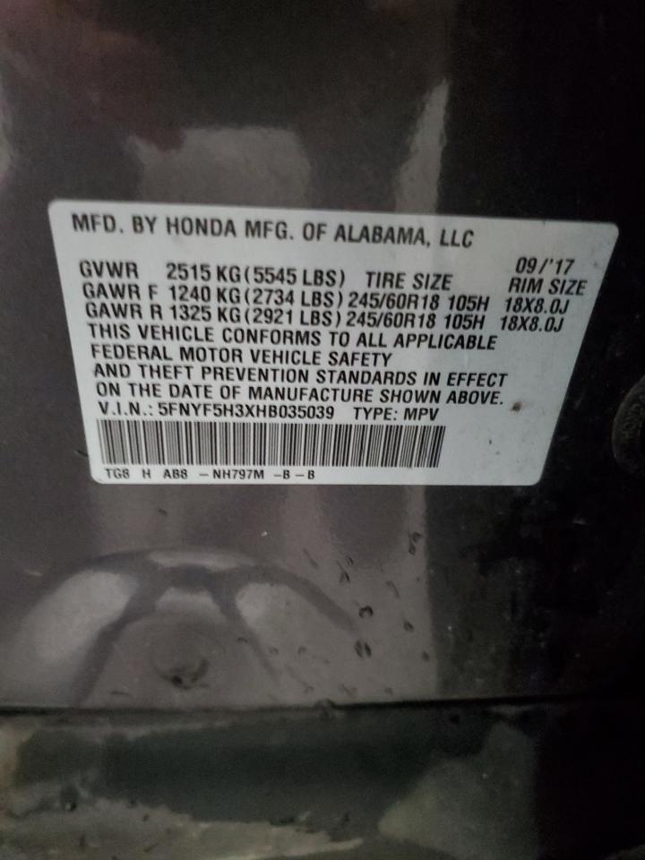 2017 Honda Pilot Ex VIN: 5FNYF5H3XHB035039 Lot: 90502895