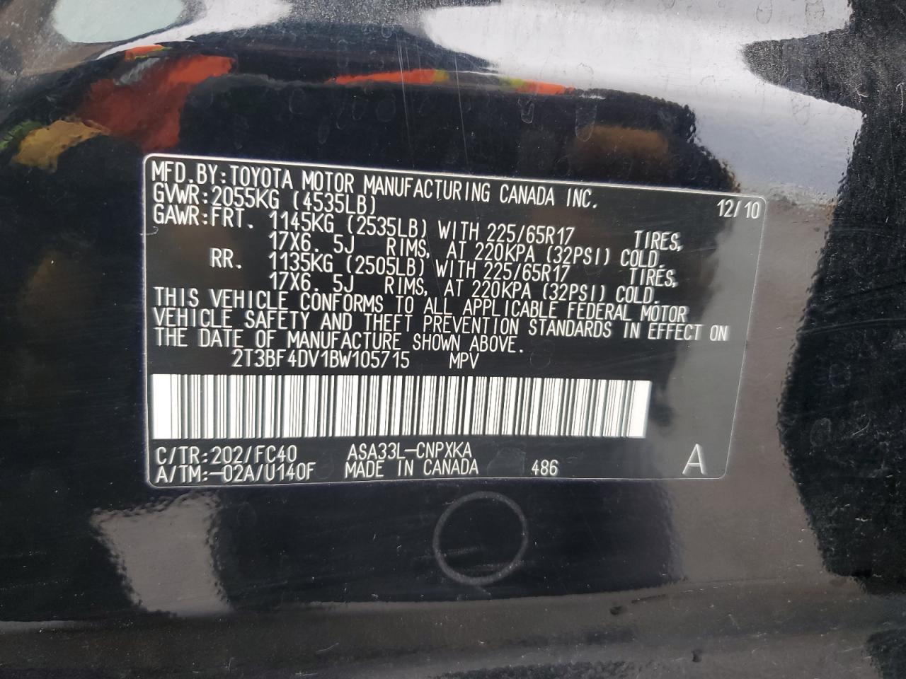 2011 Toyota Rav4 VIN: 2T3BF4DV1BW105715 Lot: 86596755