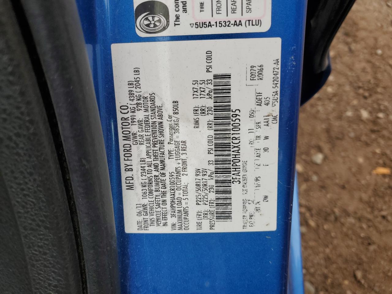 2012 Ford Fusion Se VIN: 3FAHP0HAXCR100595 Lot: 86604275