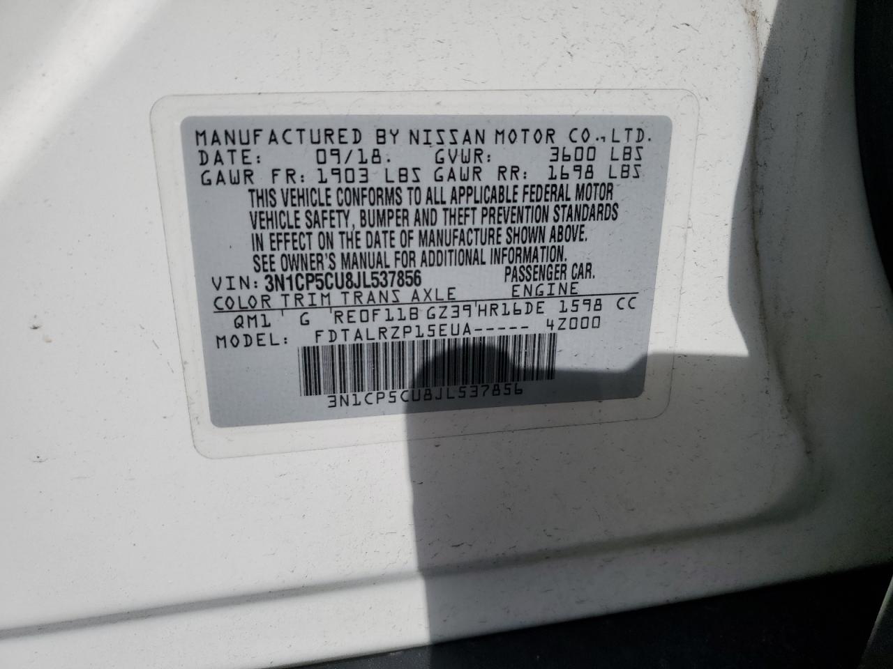 2018 Nissan Kicks S VIN: 3N1CP5CU8JL537856 Lot: 82760475