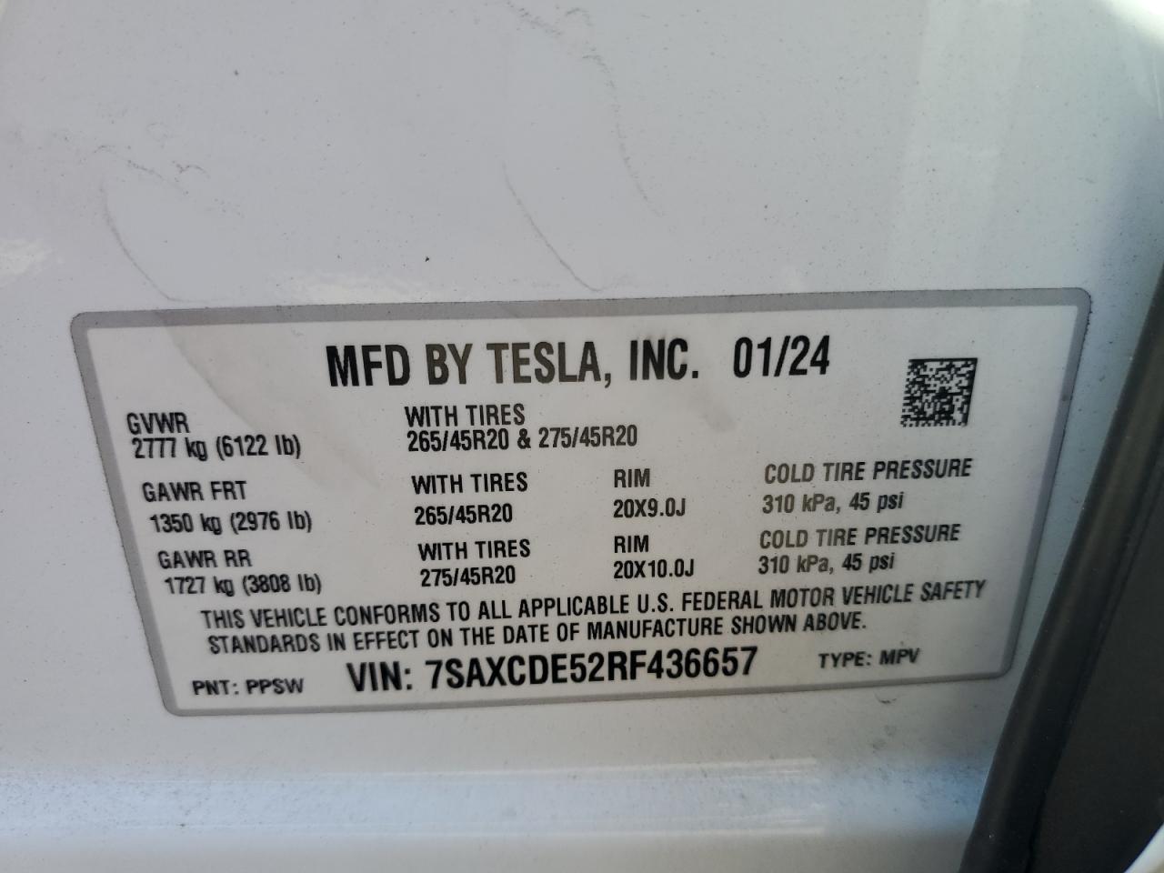 2024 Tesla Model X VIN: 7SAXCDE52RF436657 Lot: 82228745