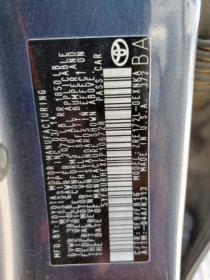 2014 Toyota Corolla L VIN: 5YFBURHEXEP106728 Lot: 86163895