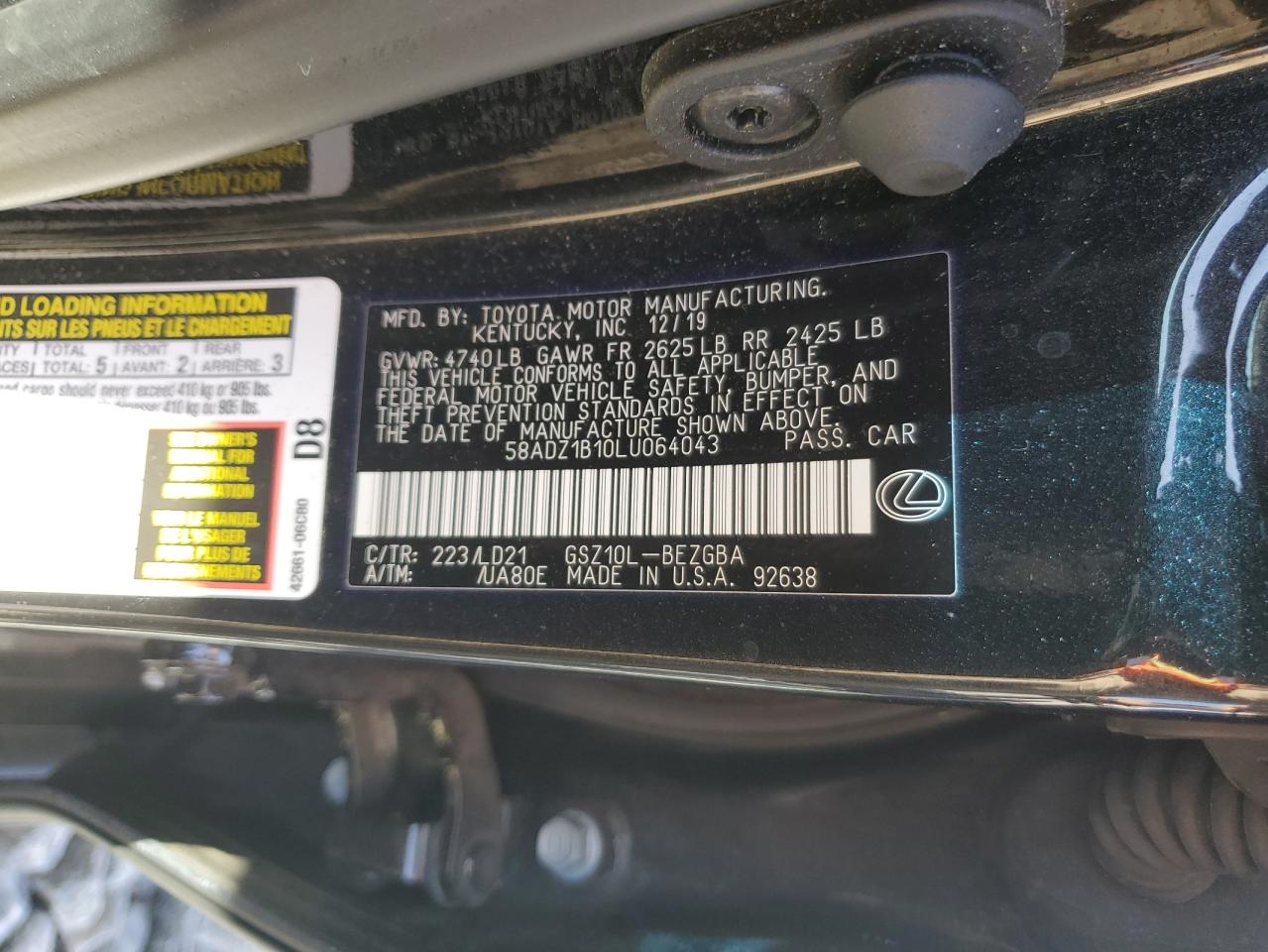 2020 Lexus Es 350 VIN: 58ADZ1B10LU064043 Lot: 84260295